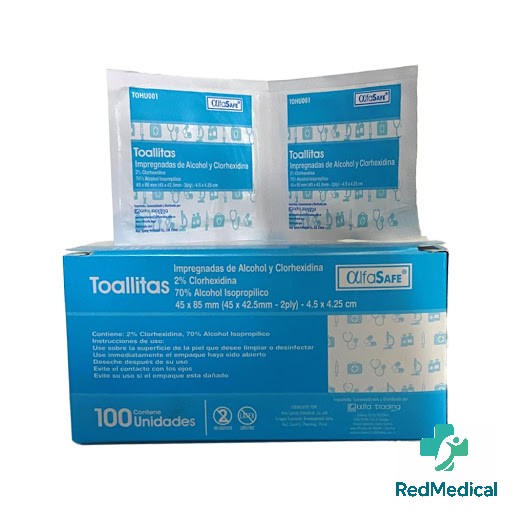 TOALLITA HÚMEDA ALCOHOL 70% + CLORHEXIDINA2% PLEGADIZA X 100